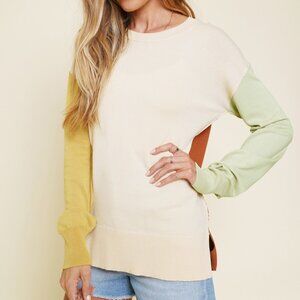 MYSTREE Color Block Knit Sweater, Cream Brown Yellow Green, Lightweight Pullover